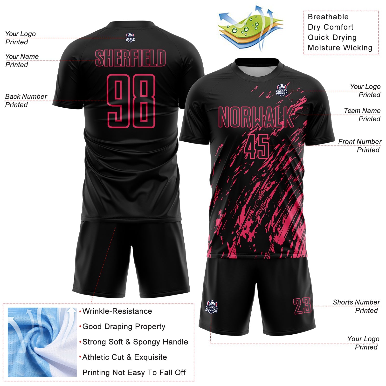Custom Black Neon Pink Splash Sublimation Soccer Uniform Jersey view 4