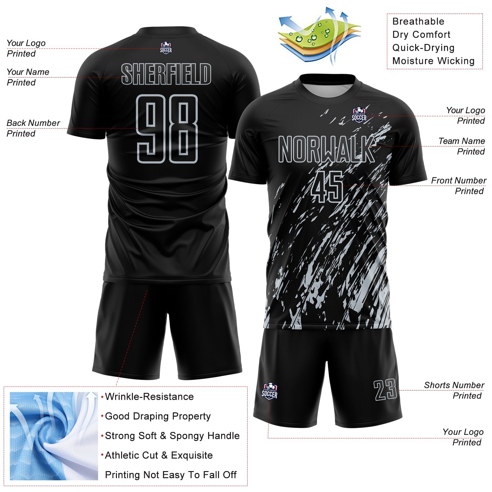 Custom Black Silver Splash Sublimation Soccer Uniform Jersey view 4