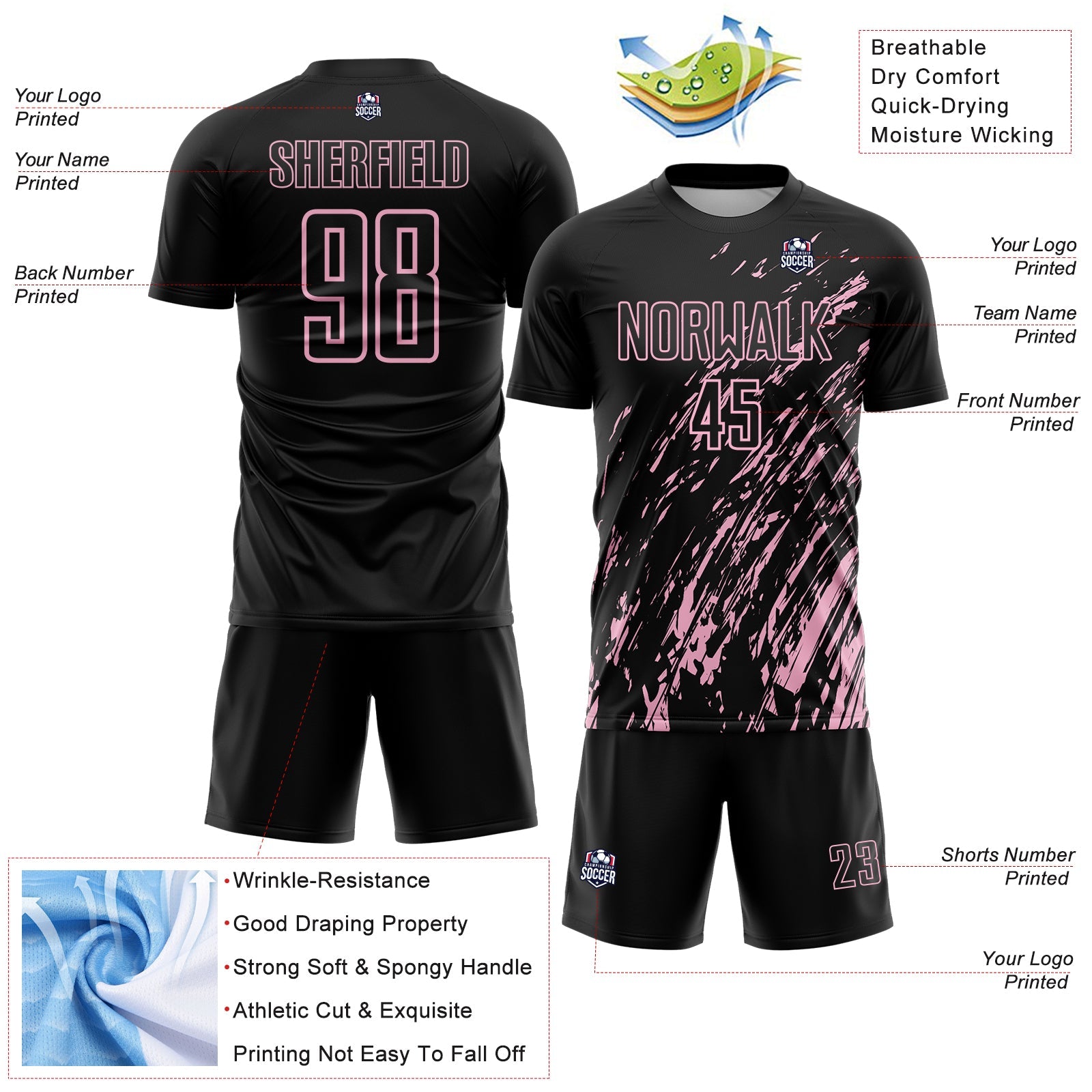 Custom Black Light Pink Splash Sublimation Soccer Uniform Jersey view 4