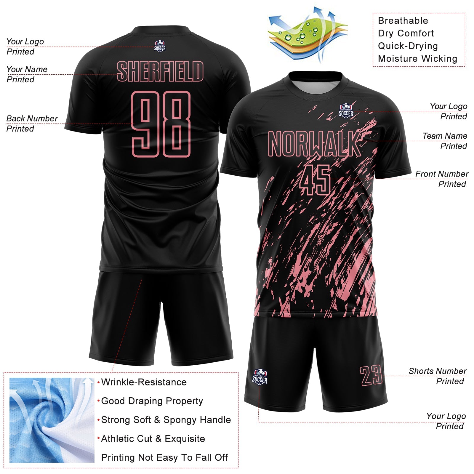 Custom Black Medium Pink Splash Sublimation Soccer Uniform Jersey view 4