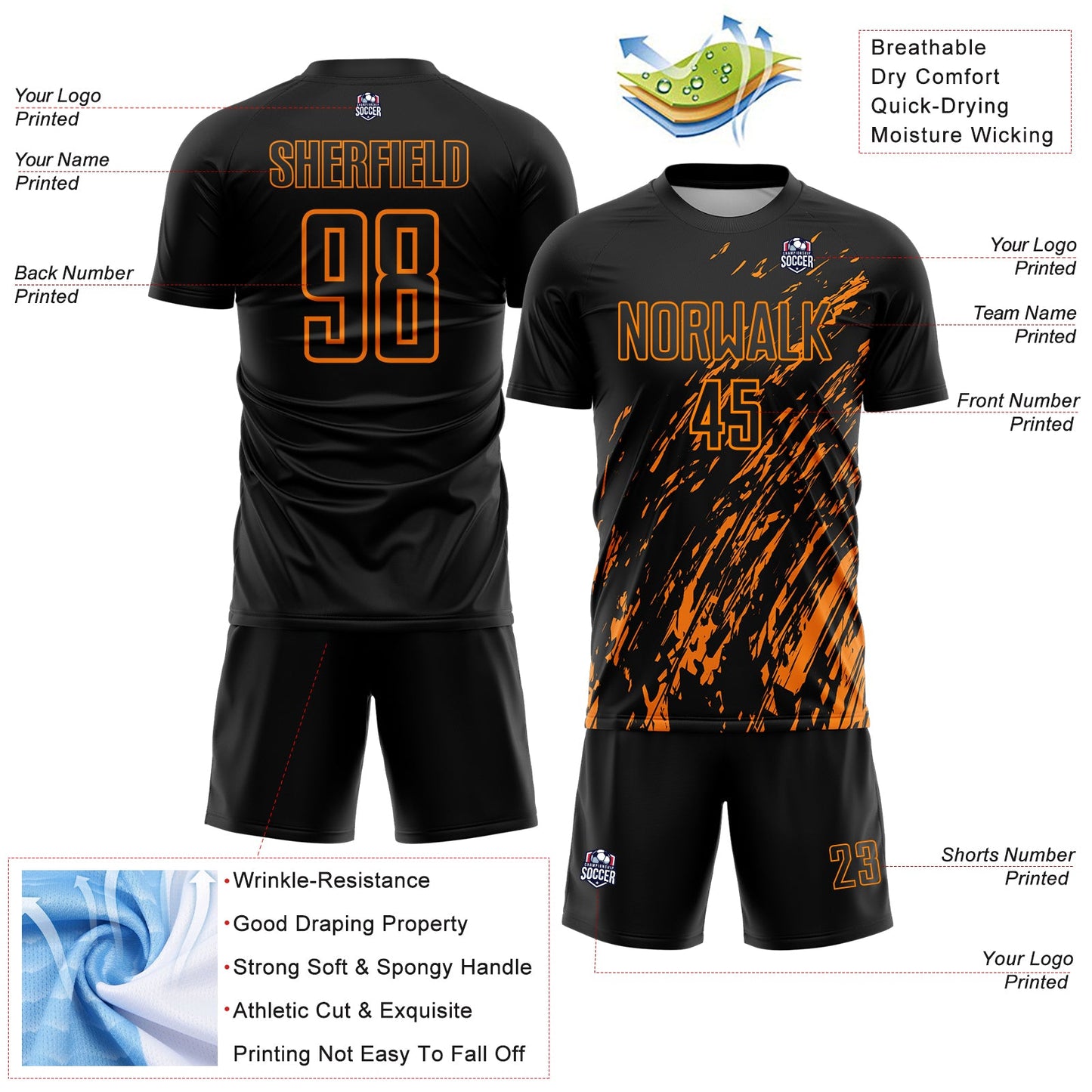 Custom Black Bay Orange Splash Sublimation Soccer Uniform Jersey view 4