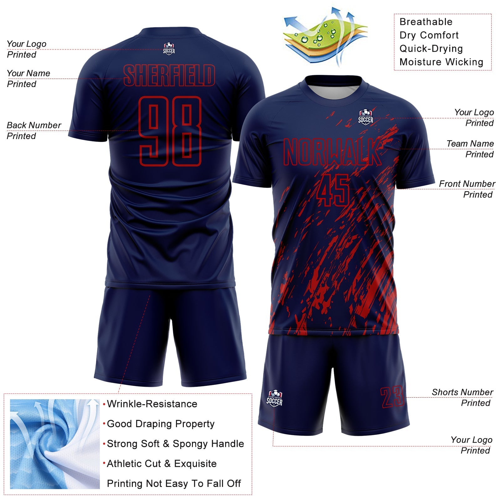 Custom Navy Red Splash Sublimation Soccer Uniform Jersey view 4
