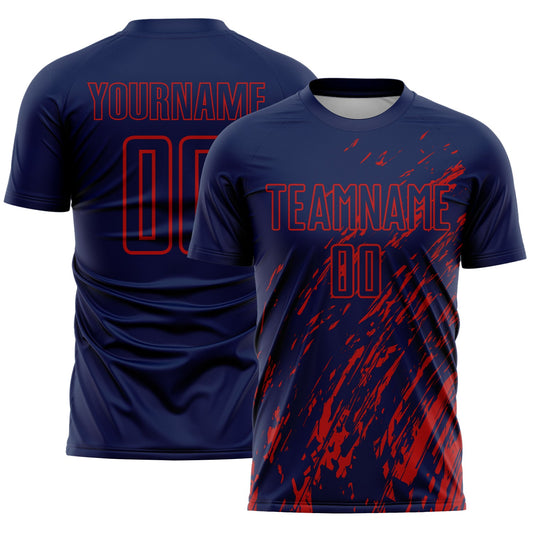 Custom Navy Red Splash Sublimation Soccer Uniform Jersey - Main View