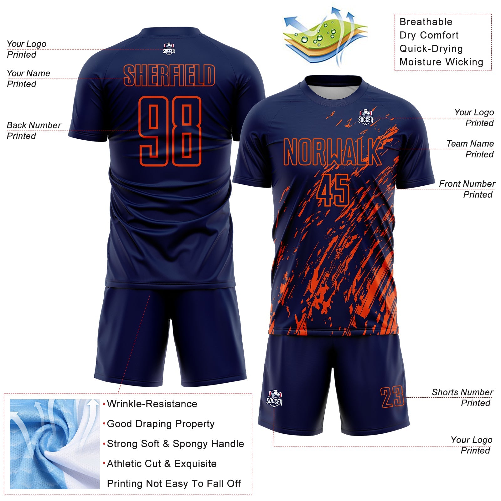 Custom Navy Orange Splash Sublimation Soccer Uniform Jersey view 4