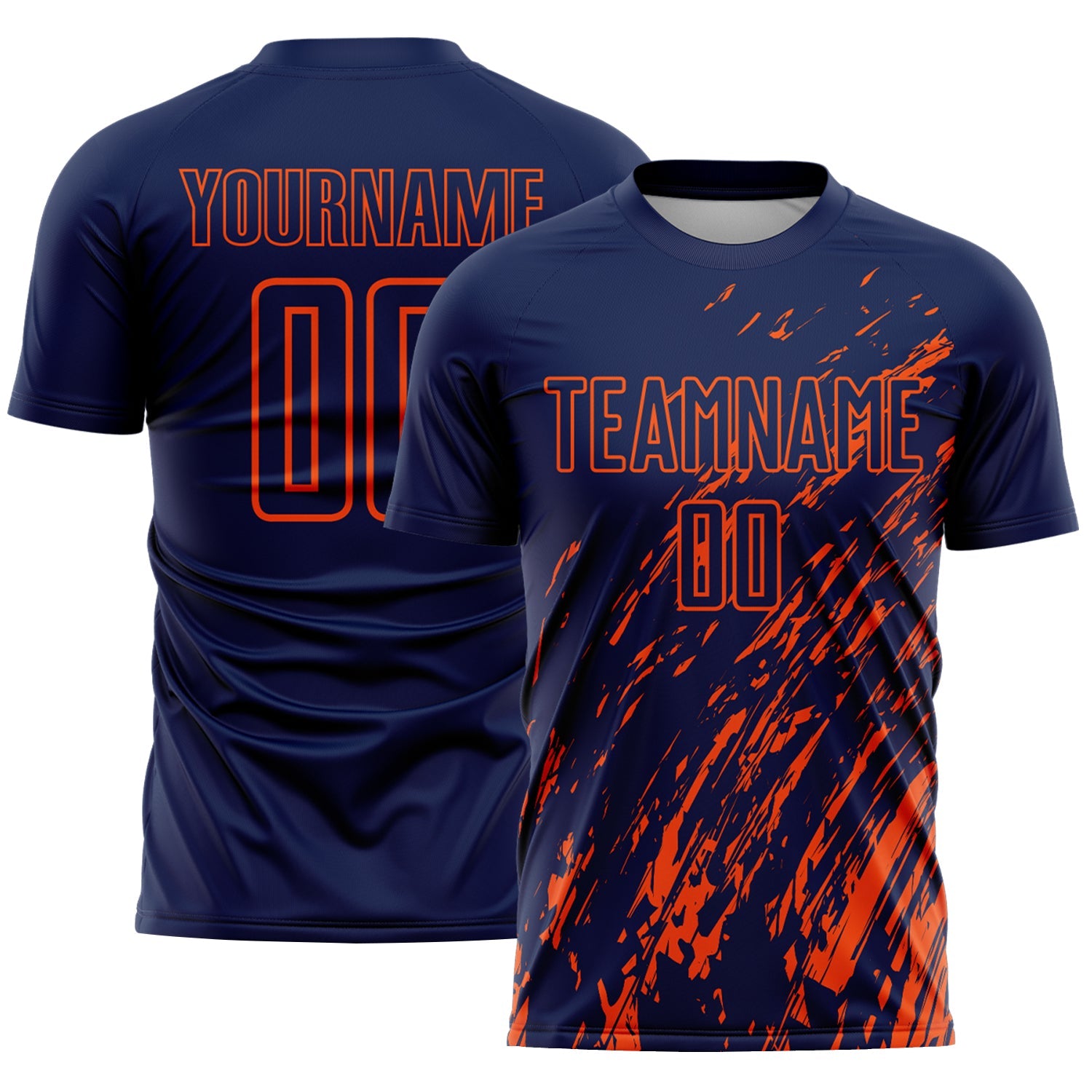 Custom Navy Orange Splash Sublimation Soccer Uniform Jersey - Main View