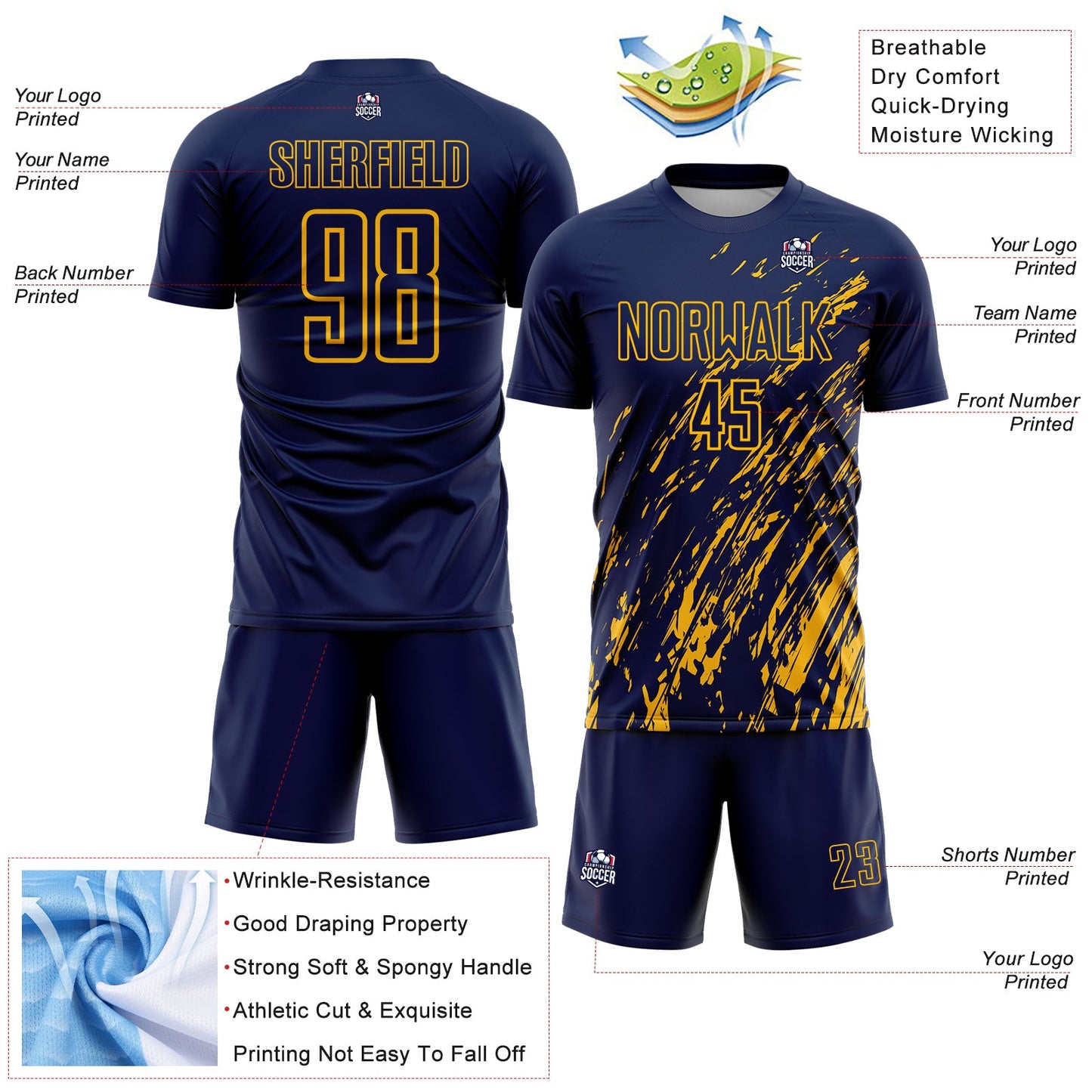 Custom Navy Gold Splash Sublimation Soccer Uniform Jersey view 4
