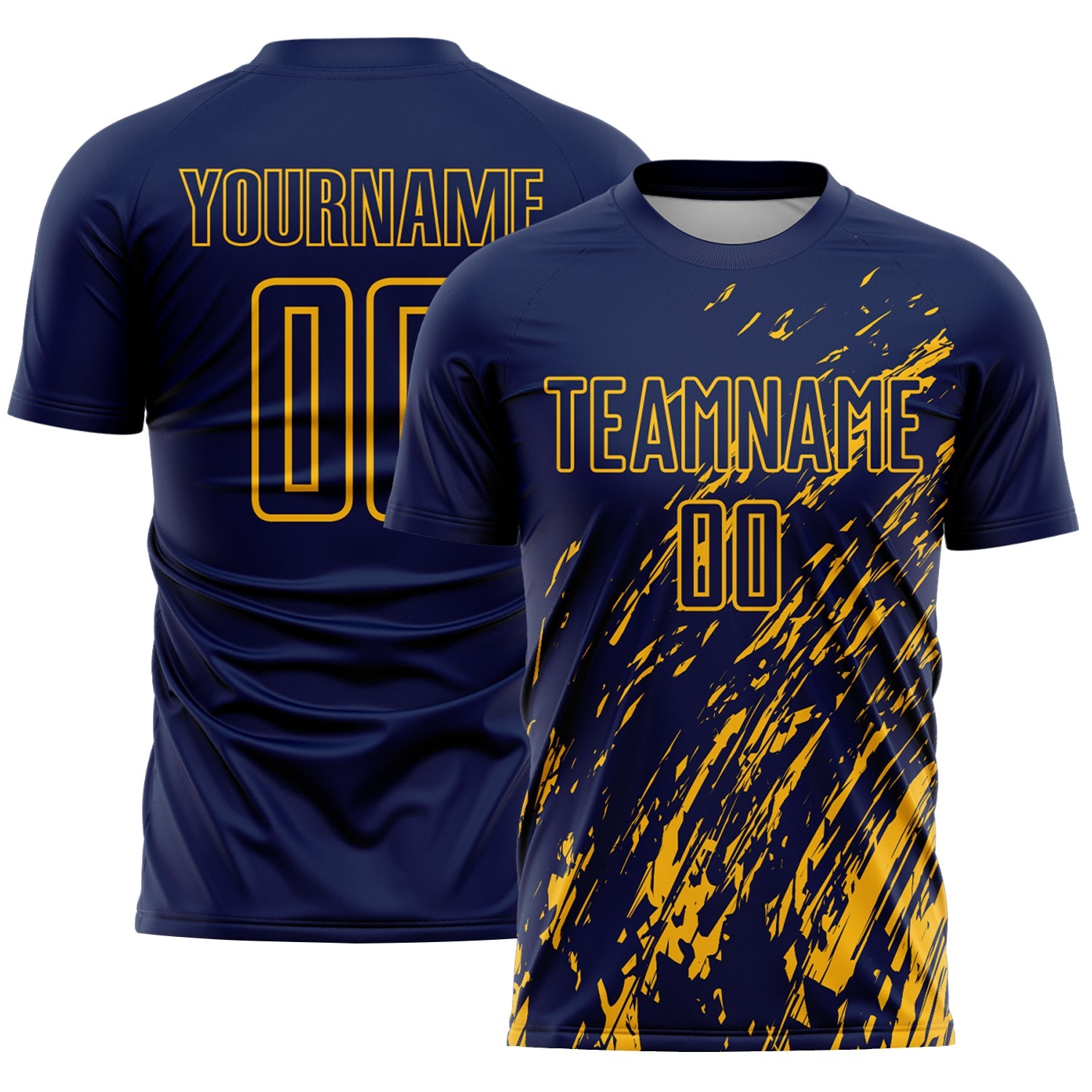 Custom Navy Gold Splash Sublimation Soccer Uniform Jersey - Main View
