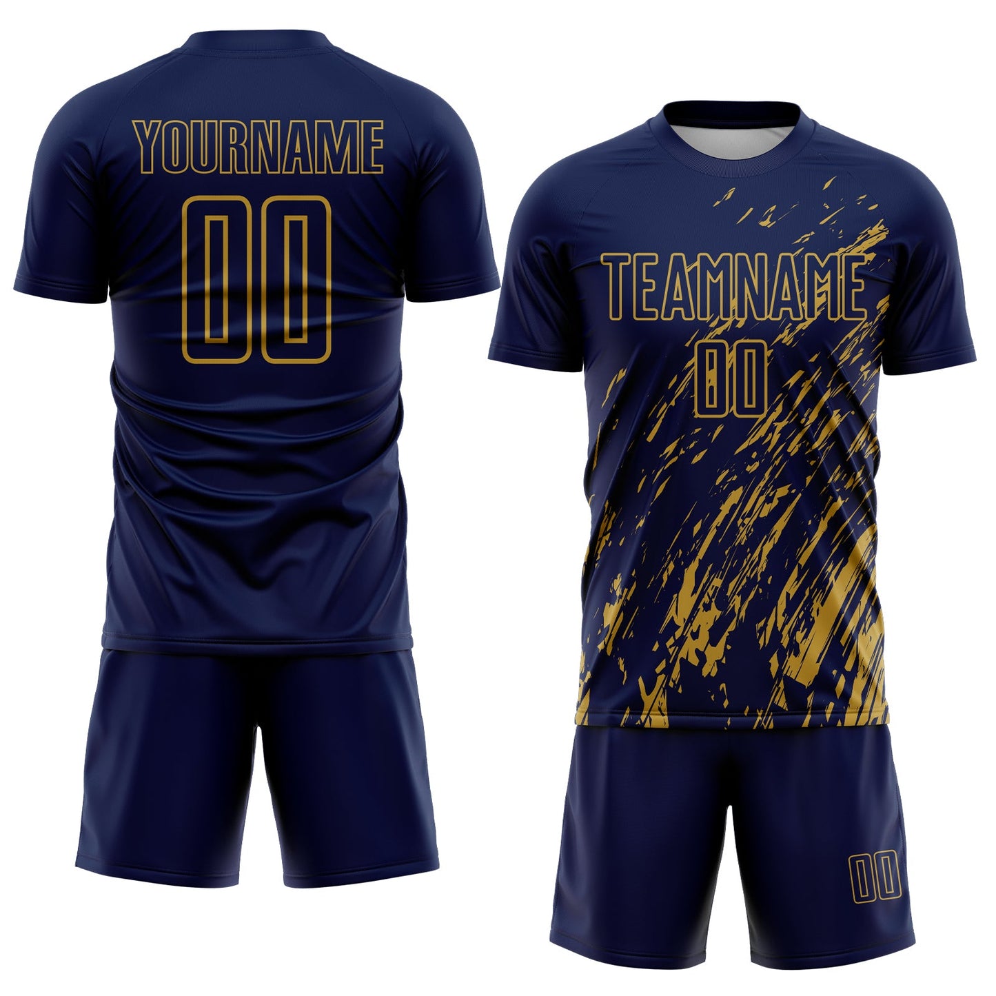 Custom Navy Old Gold Splash Sublimation Soccer Uniform Jersey view 2