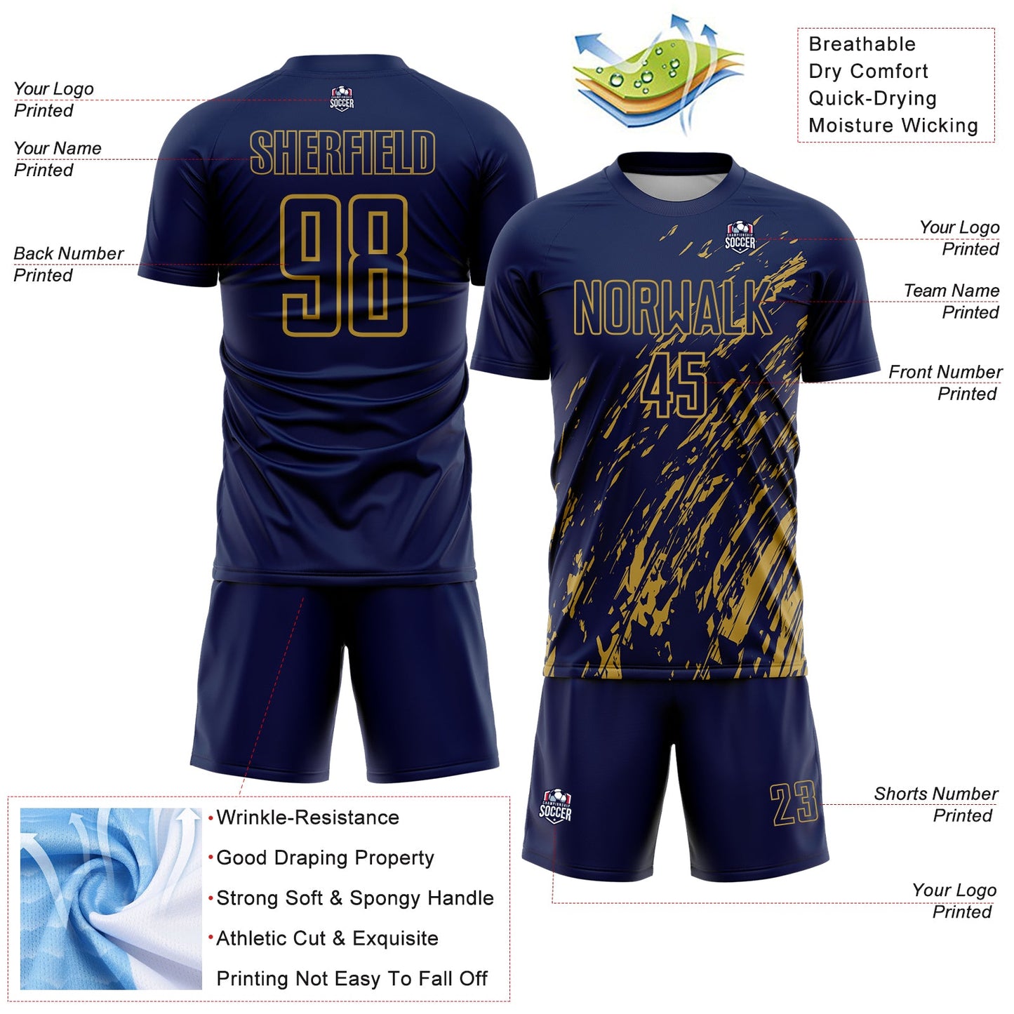 Custom Navy Old Gold Splash Sublimation Soccer Uniform Jersey view 4
