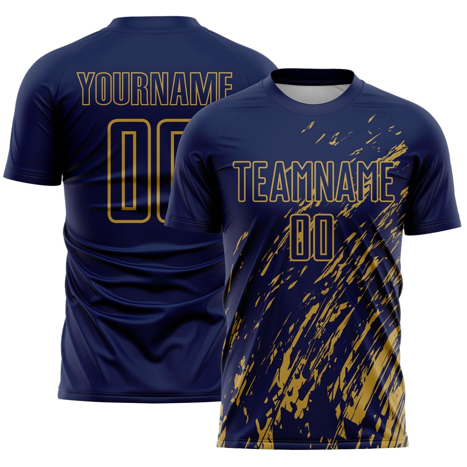 Custom Navy Old Gold Splash Sublimation Soccer Uniform Jersey - Main View