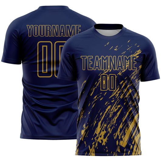 Custom Navy Old Gold Splash Sublimation Soccer Uniform Jersey - Main View