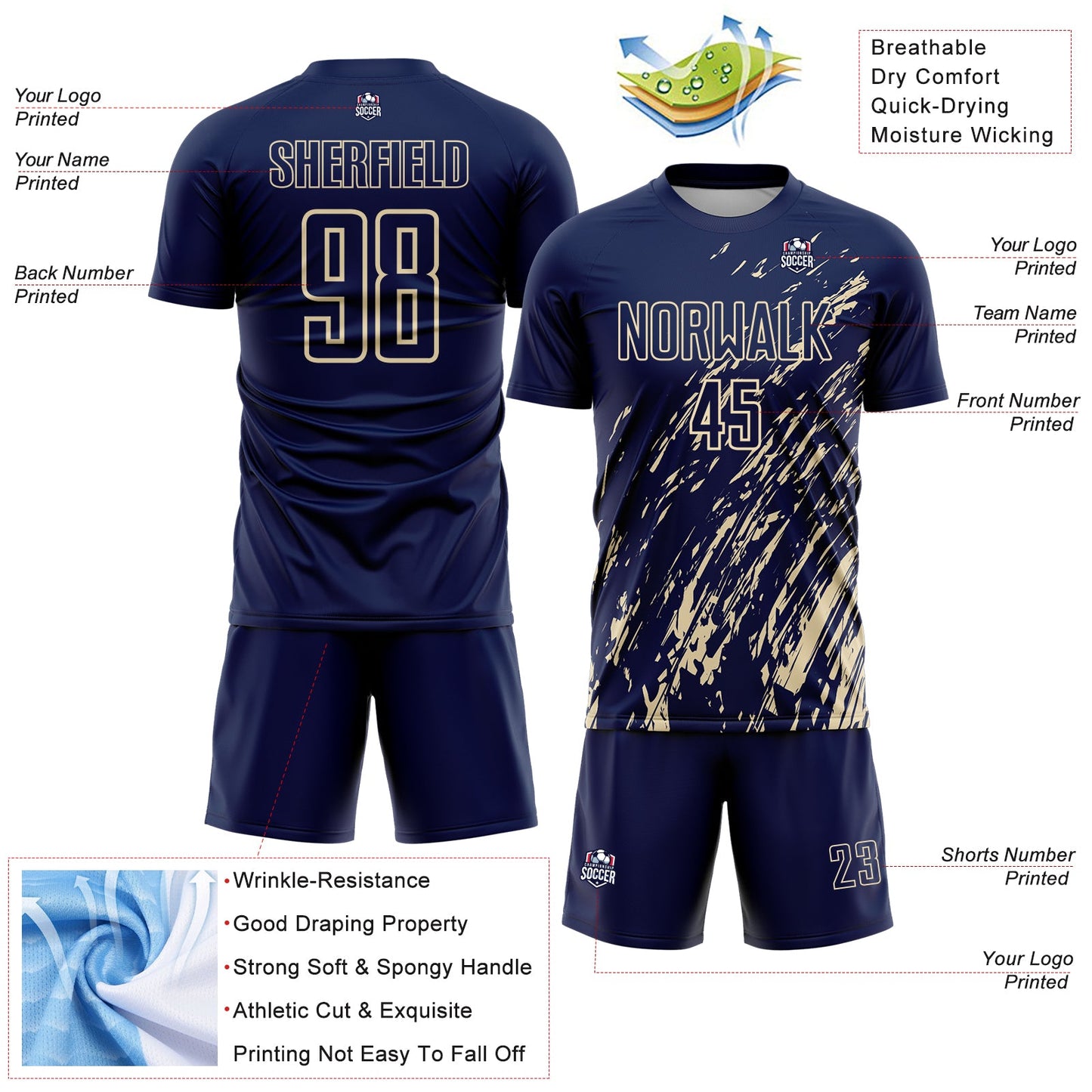 Custom Navy Cream Splash Sublimation Soccer Uniform Jersey view 4
