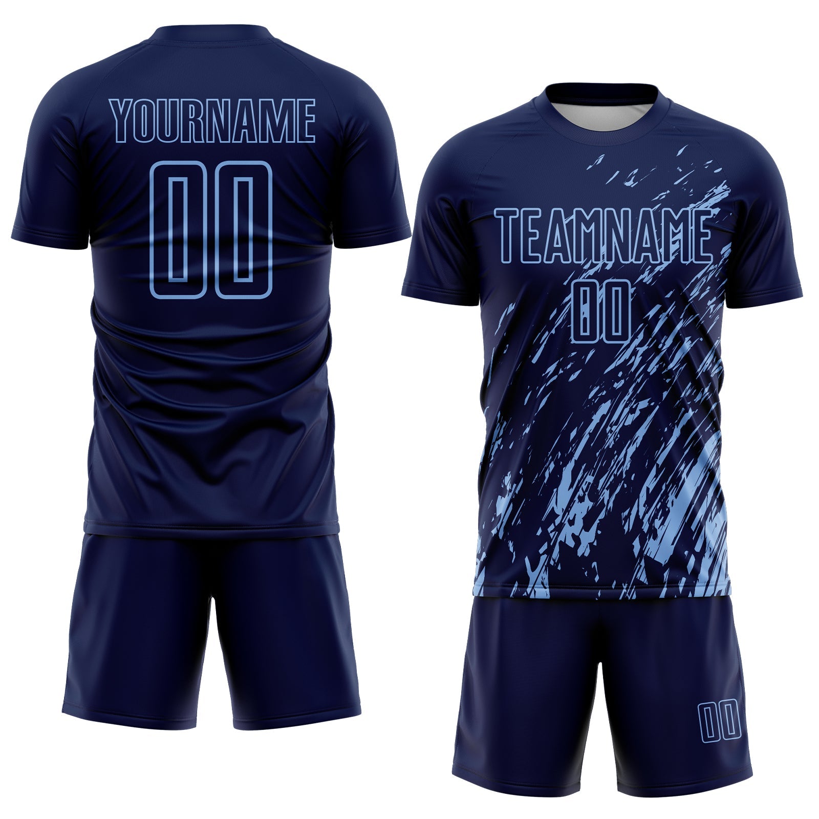 Custom Navy Light Blue Splash Sublimation Soccer Uniform Jersey view 2