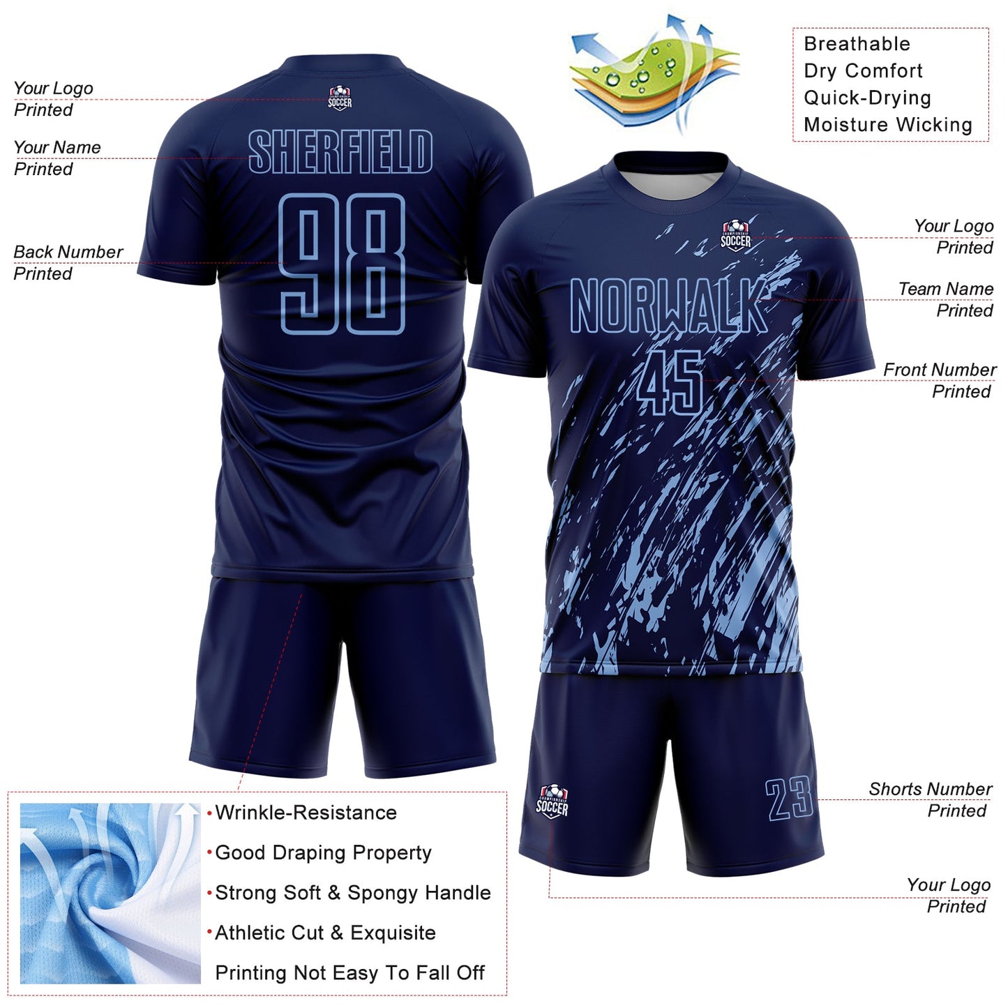 Custom Navy Light Blue Splash Sublimation Soccer Uniform Jersey view 4