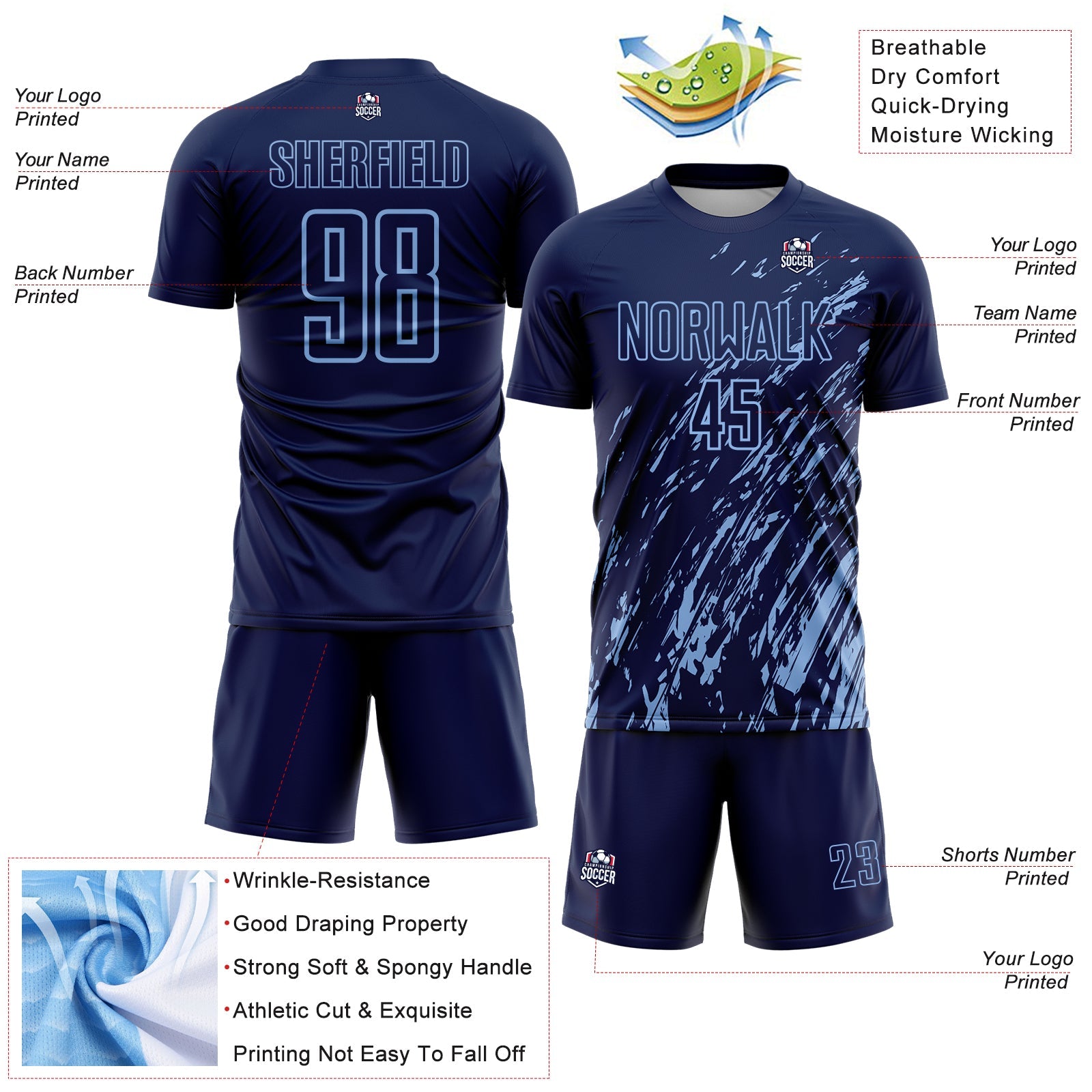 Custom Navy Light Blue Splash Sublimation Soccer Uniform Jersey view 4