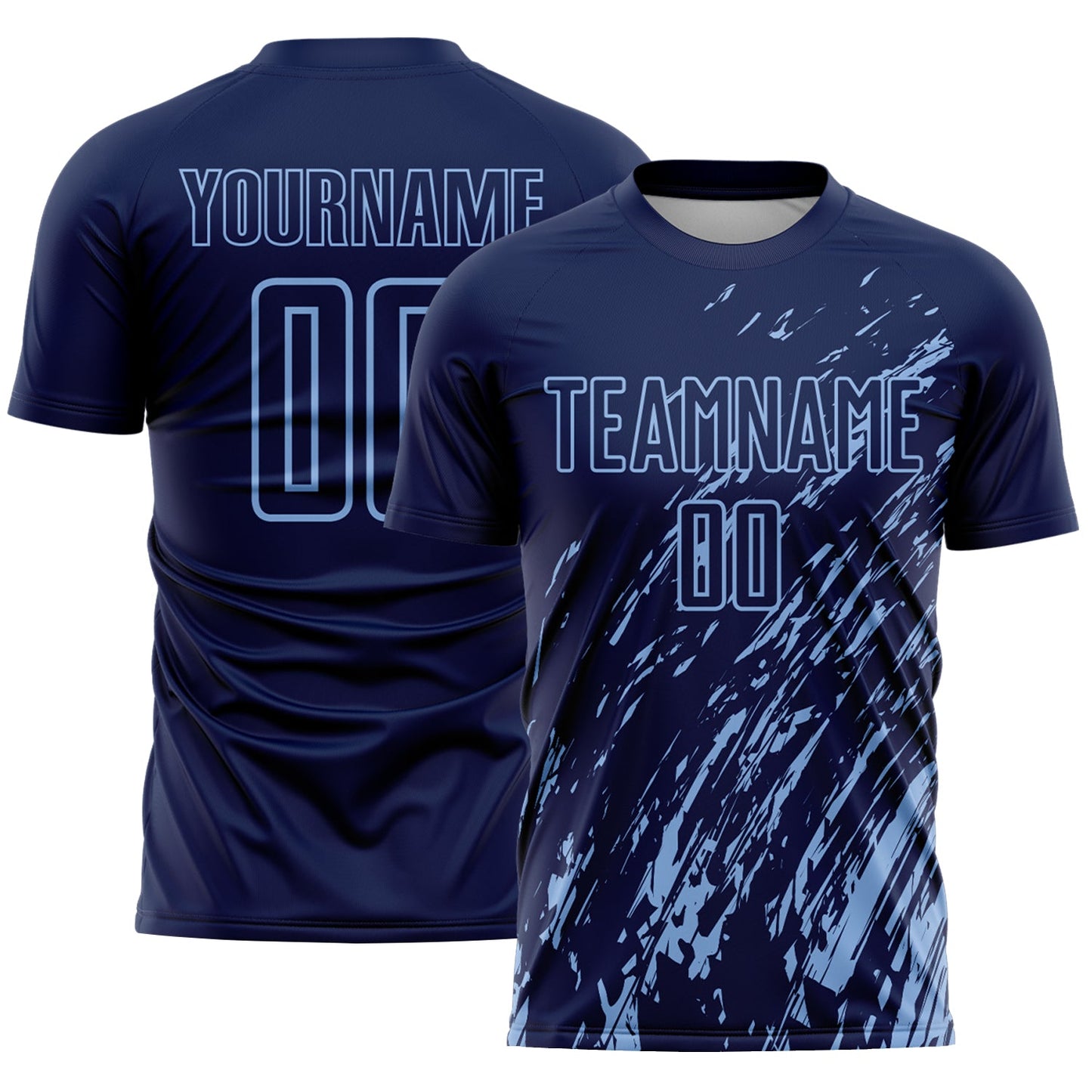 Custom Navy Light Blue Splash Sublimation Soccer Uniform Jersey - Main View