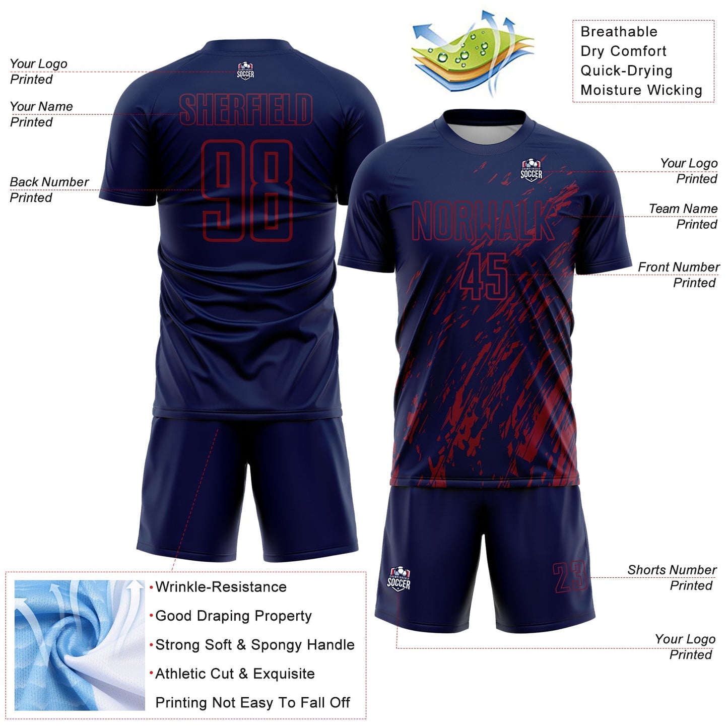 Custom Navy Crimson Splash Sublimation Soccer Uniform Jersey view 4