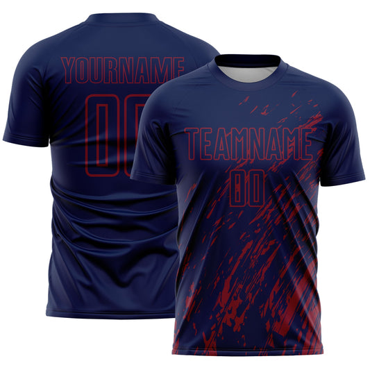 Custom Navy Crimson Splash Sublimation Soccer Uniform Jersey - Main View