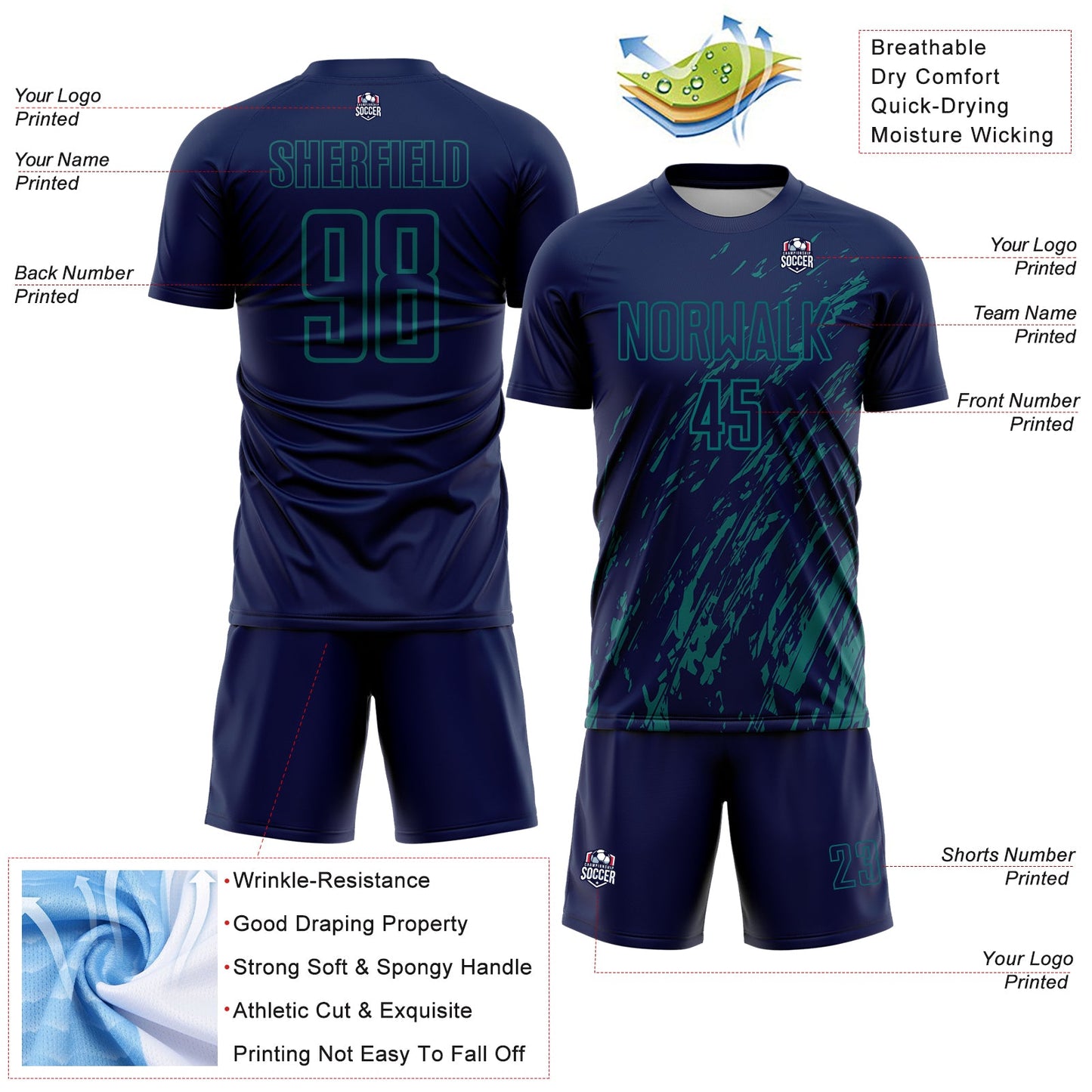 Custom Navy Teal Splash Sublimation Soccer Uniform Jersey view 4