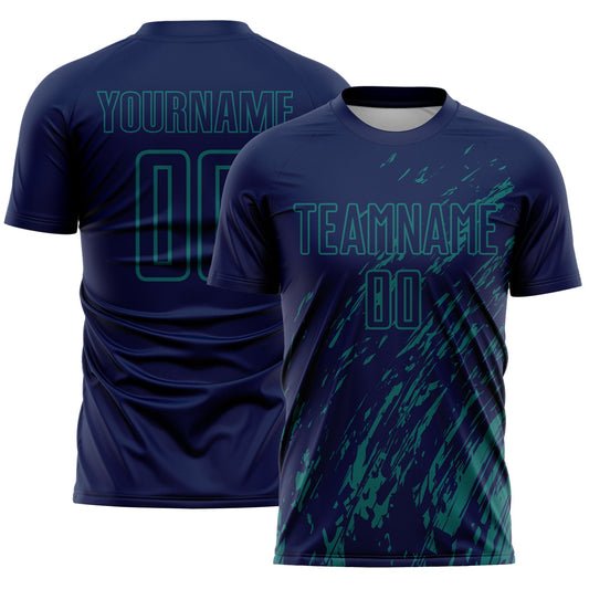 Custom Navy Teal Splash Sublimation Soccer Uniform Jersey - Main View