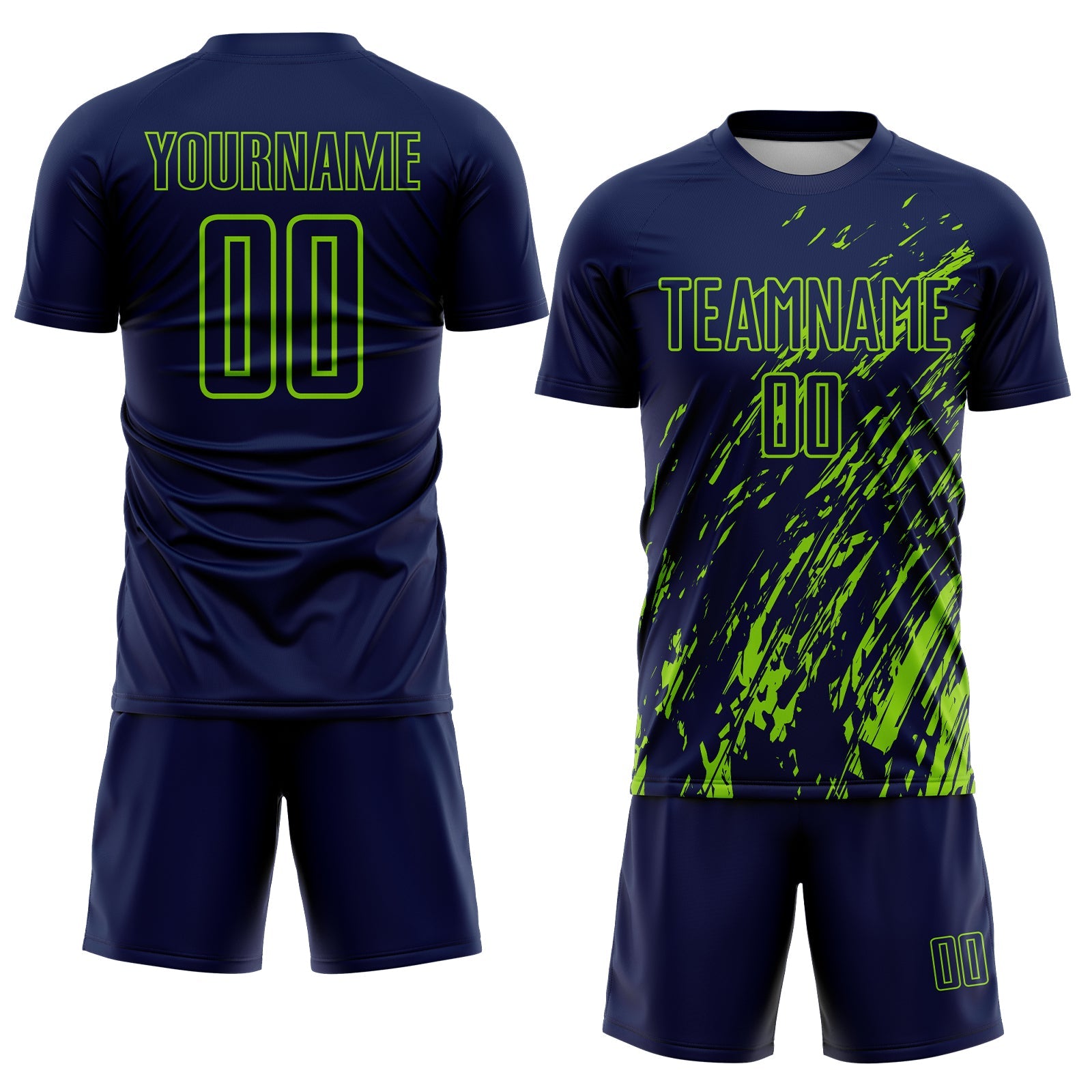 Custom Navy Neon Green Splash Sublimation Soccer Uniform Jersey view 2