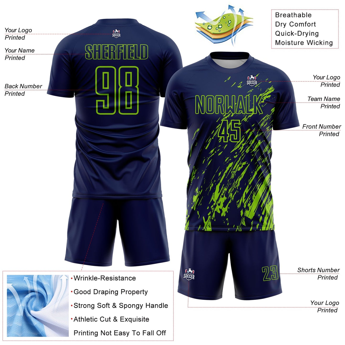 Custom Navy Neon Green Splash Sublimation Soccer Uniform Jersey view 4