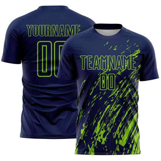 Custom Navy Neon Green Splash Sublimation Soccer Uniform Jersey - Main View