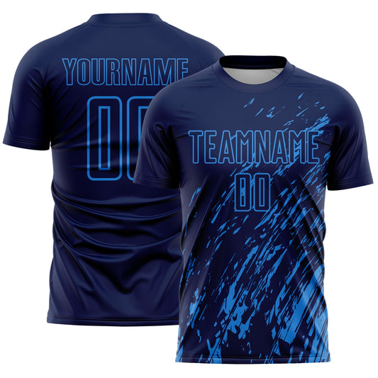 Custom Navy Powder Blue Splash Sublimation Soccer Uniform Jersey - Main View