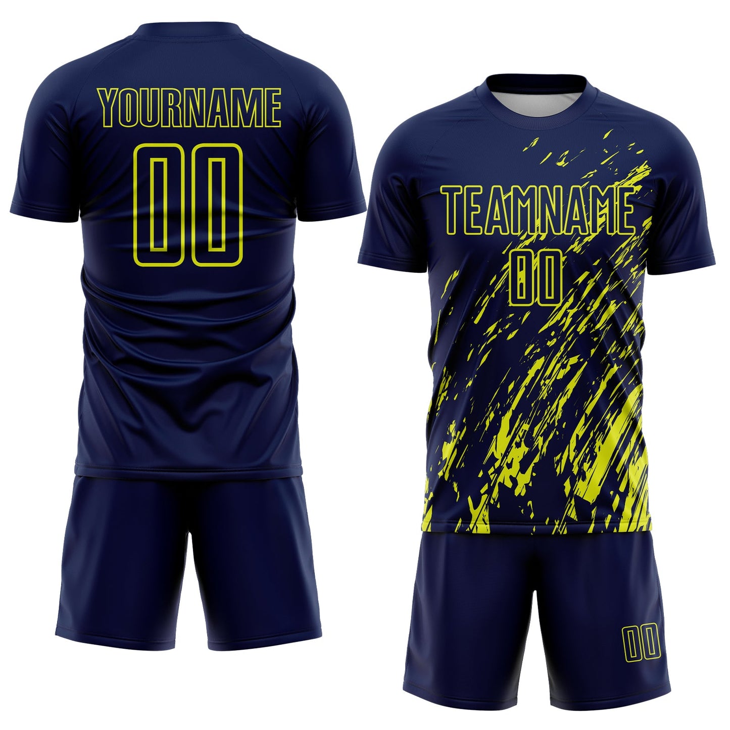 Custom Navy Neon Yellow Splash Sublimation Soccer Uniform Jersey view 2