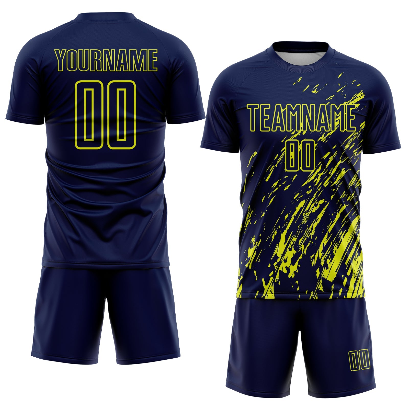 Custom Navy Neon Yellow Splash Sublimation Soccer Uniform Jersey view 2