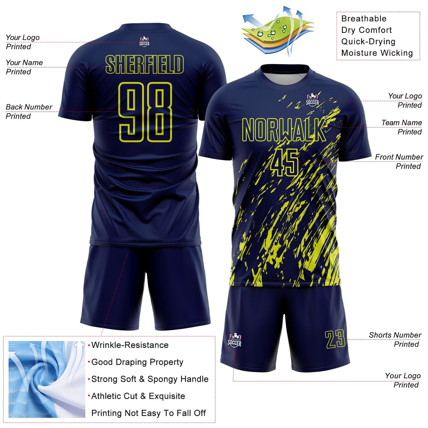 Custom Navy Neon Yellow Splash Sublimation Soccer Uniform Jersey view 4