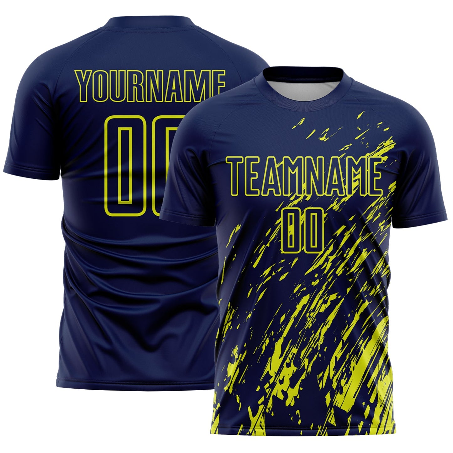 Custom Navy Neon Yellow Splash Sublimation Soccer Uniform Jersey - Main View