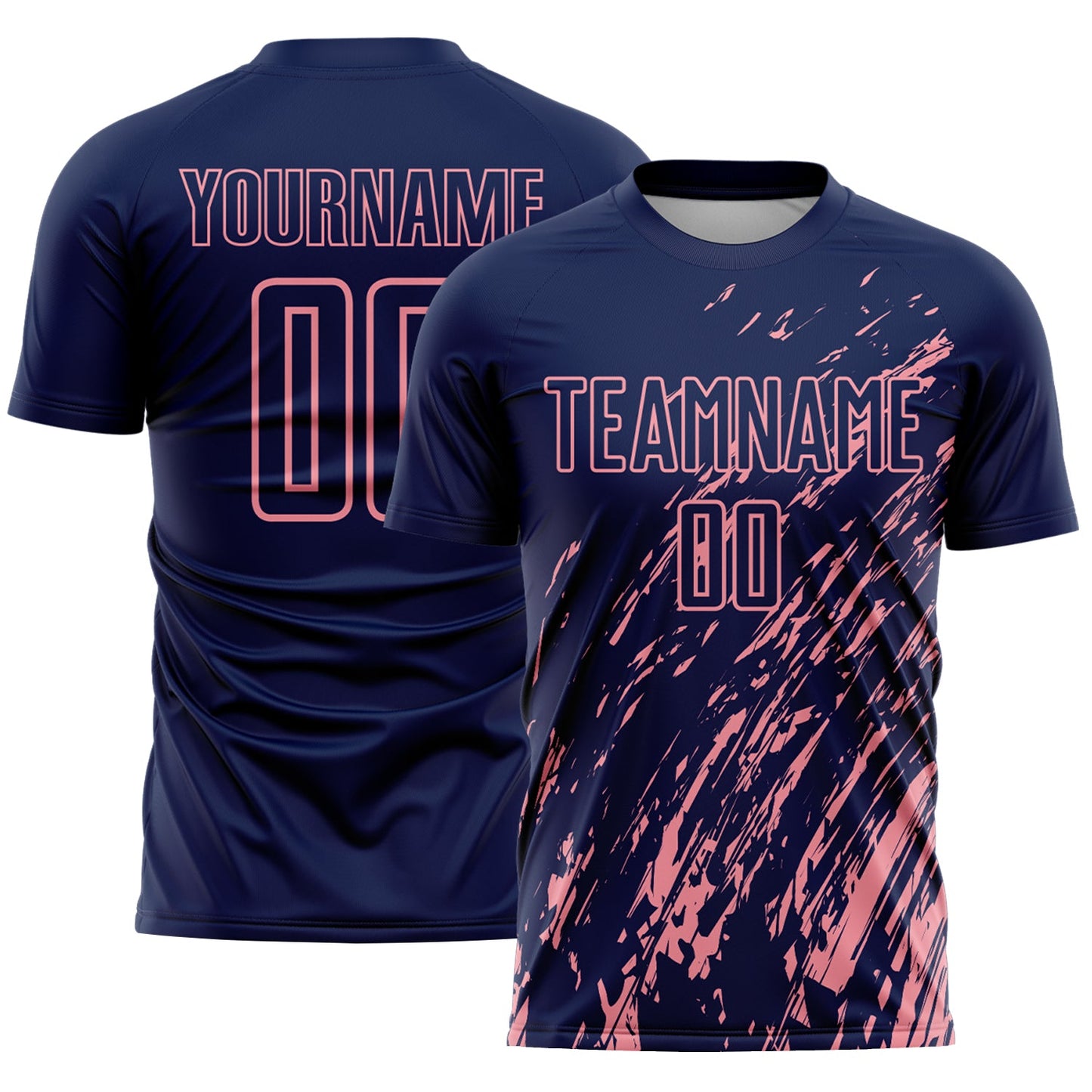 Custom Navy Medium Pink Splash Sublimation Soccer Uniform Jersey - Main View