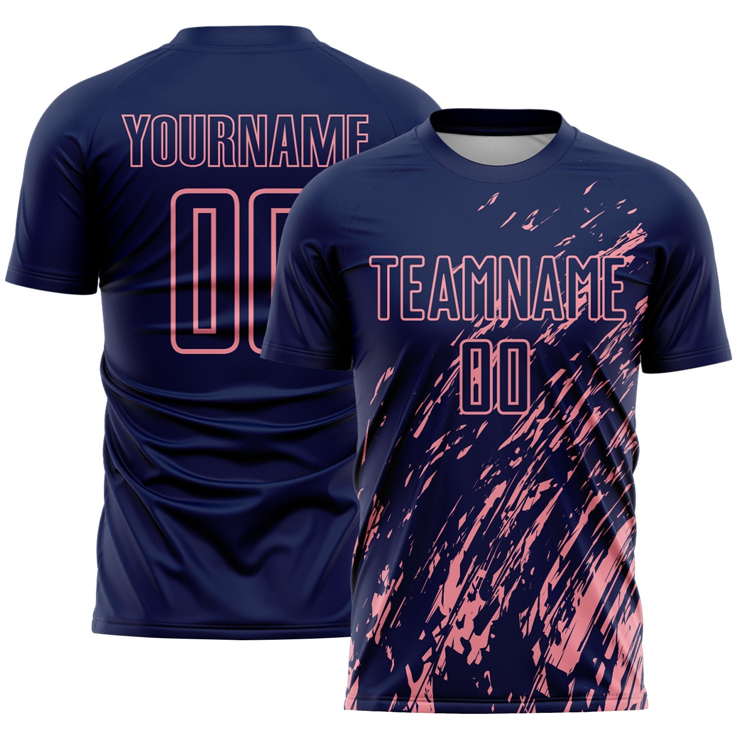 Custom Navy Medium Pink Splash Sublimation Soccer Uniform Jersey - Main View