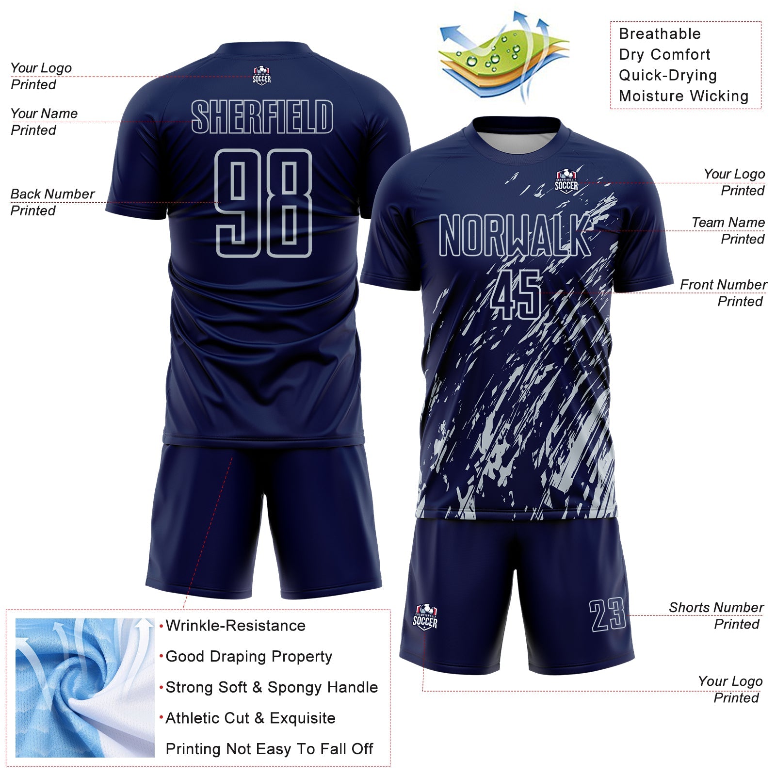 Custom Navy Silver Splash Sublimation Soccer Uniform Jersey view 4