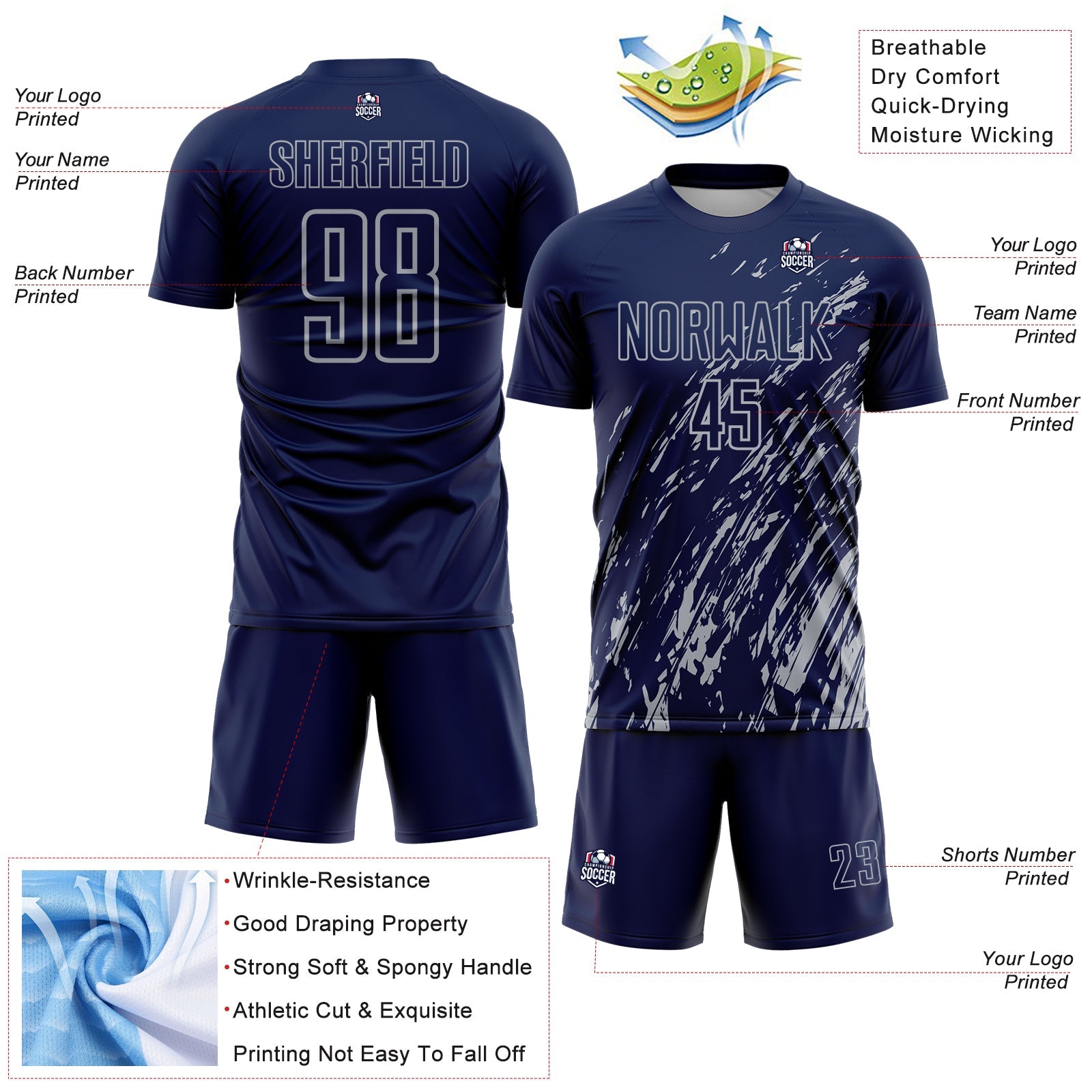 Custom Navy Gray Splash Sublimation Soccer Uniform Jersey view 4