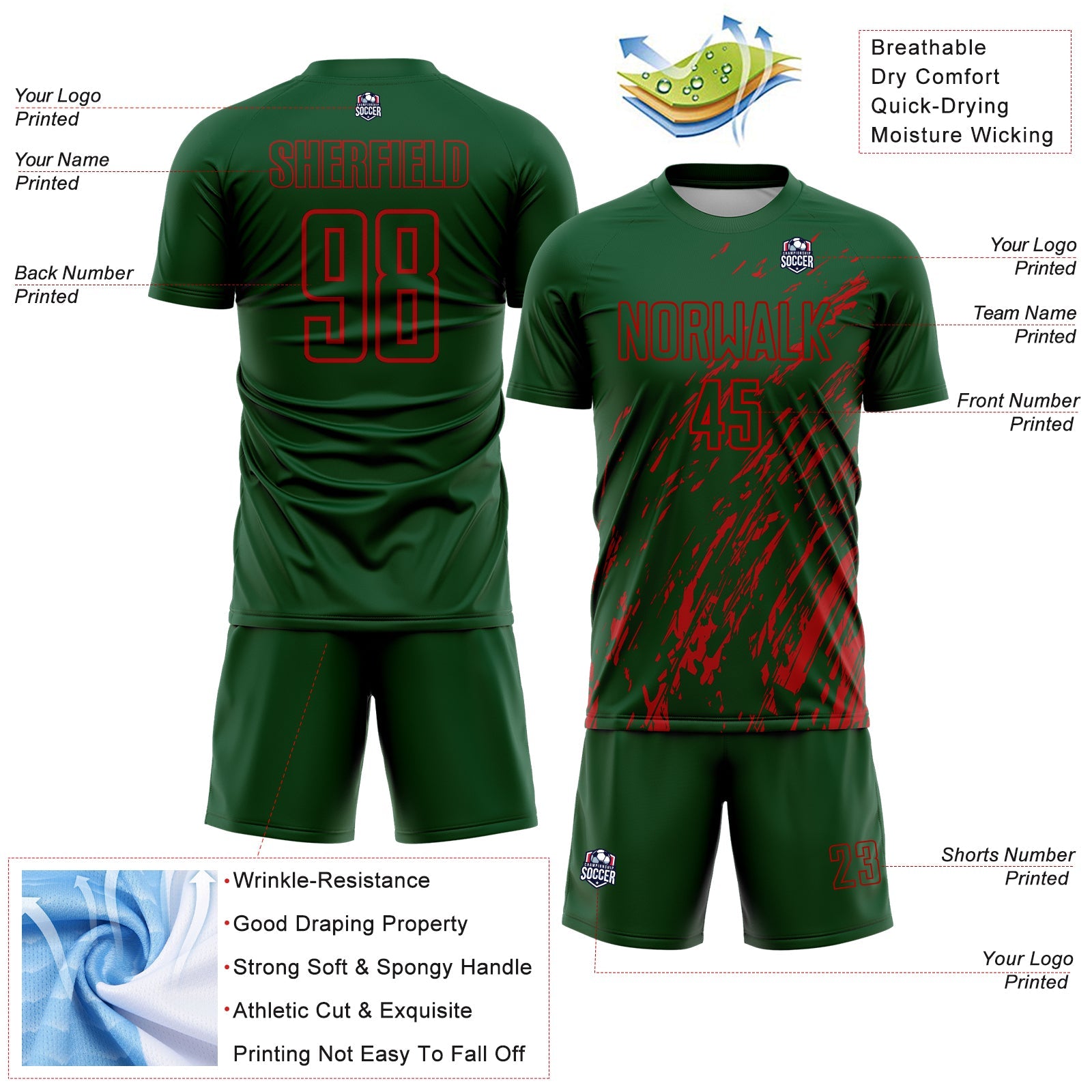 Custom Green Red Splash Sublimation Soccer Uniform Jersey view 4