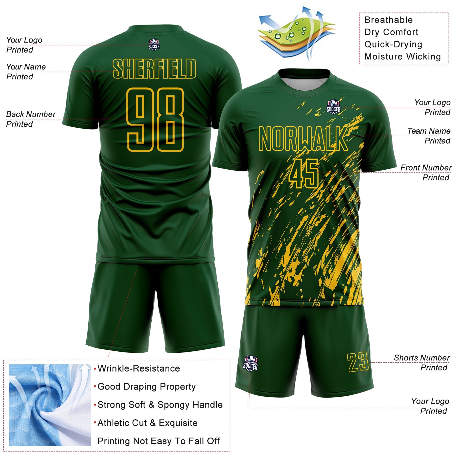 Custom Green Yellow Splash Sublimation Soccer Uniform Jersey view 4