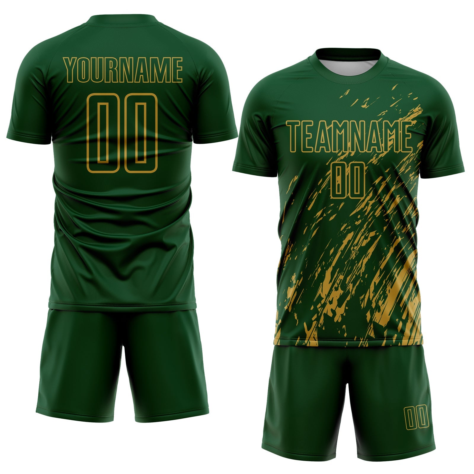 Custom Green Old Gold Splash Sublimation Soccer Uniform Jersey view 2