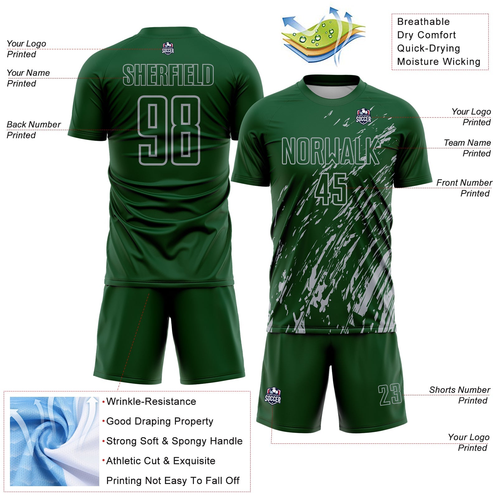 Custom Green Gray Splash Sublimation Soccer Uniform Jersey view 4
