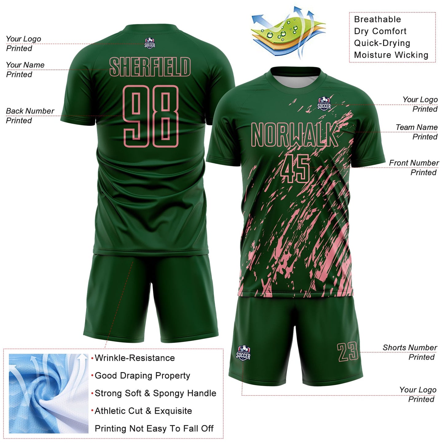Custom Green Medium Pink Splash Sublimation Soccer Uniform Jersey view 4