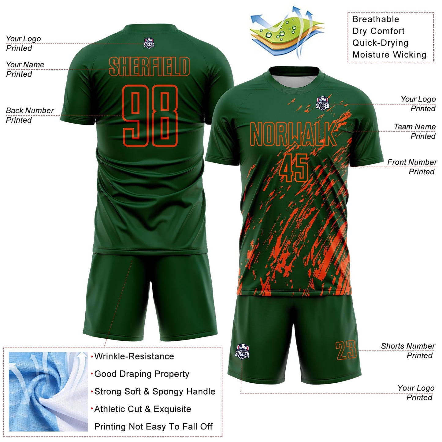 Custom Green Orange Splash Sublimation Soccer Uniform Jersey view 4