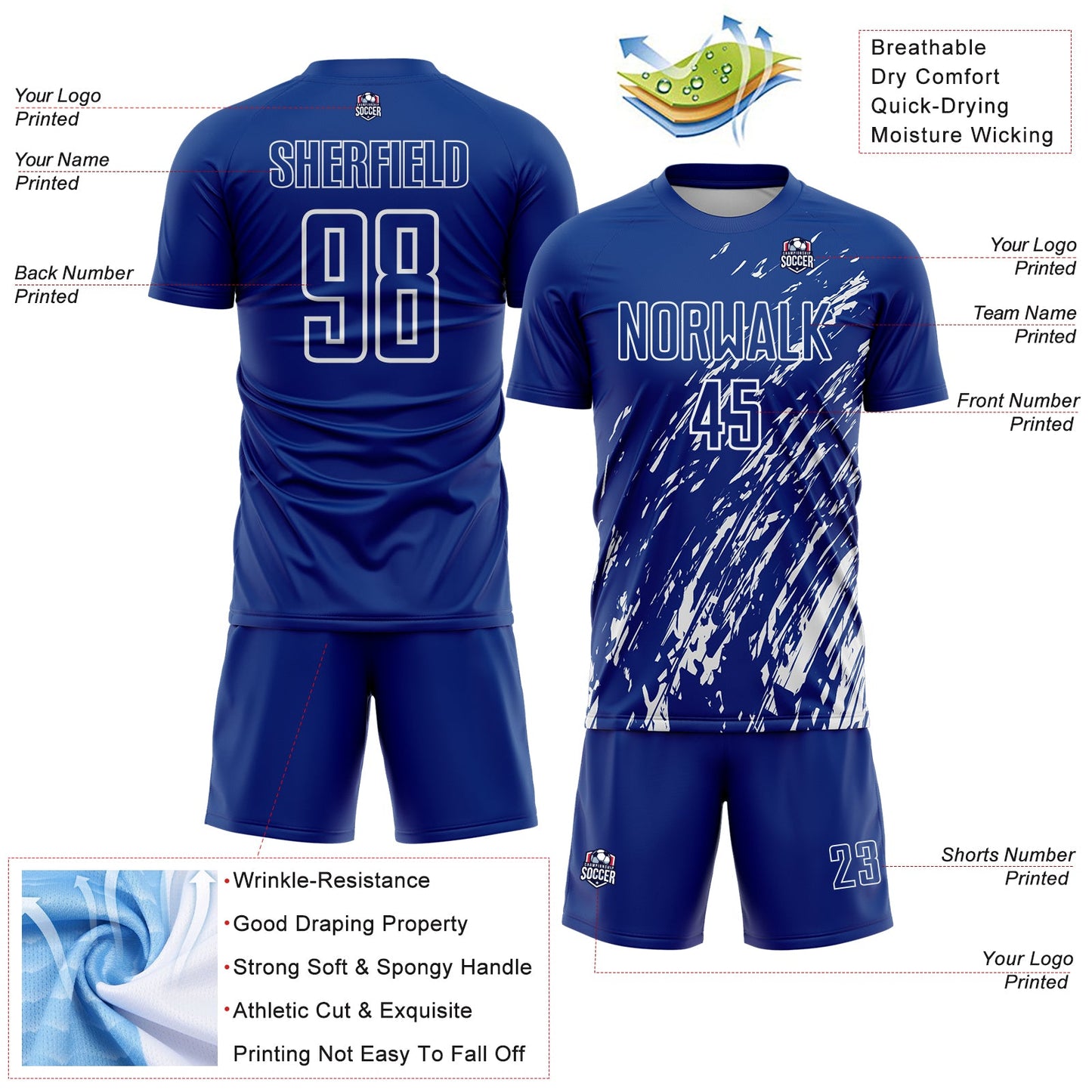 Custom Royal White Splash Sublimation Soccer Uniform Jersey view 4