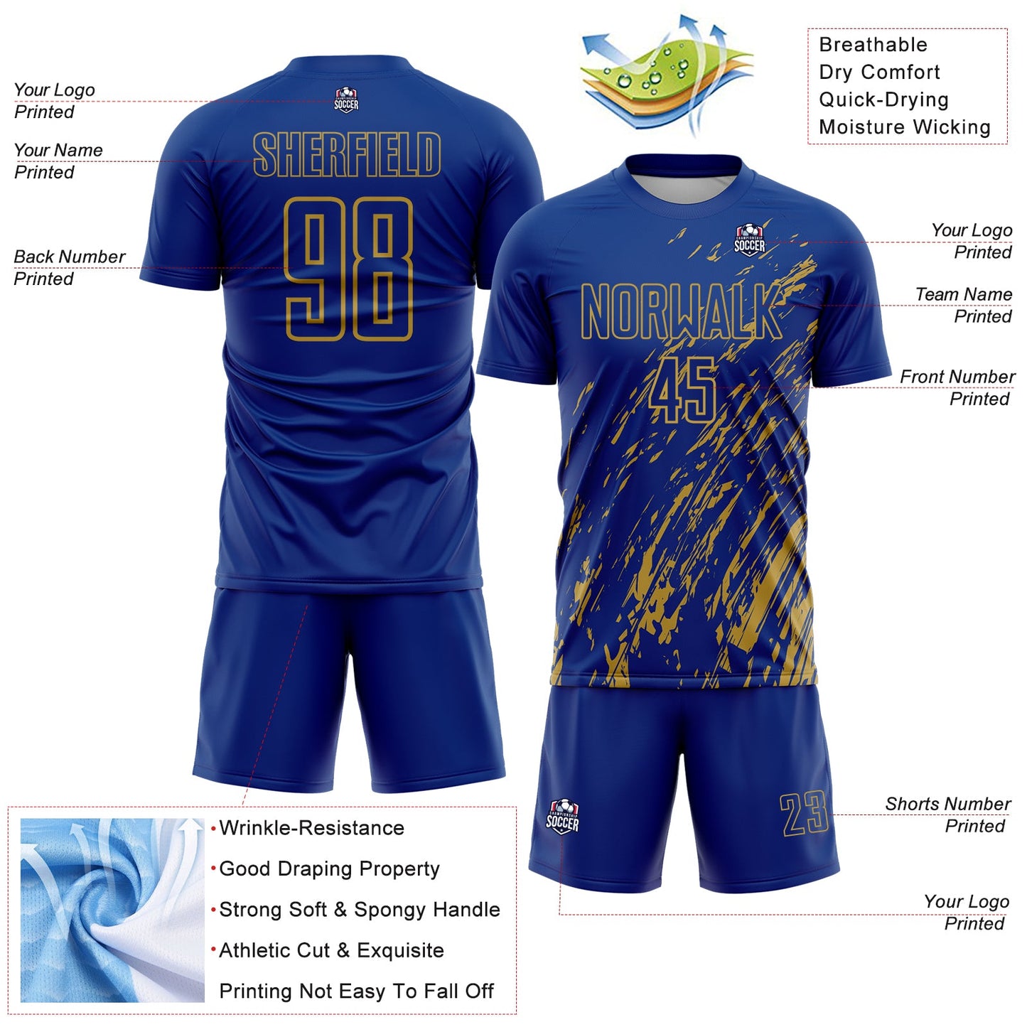 Custom Royal Old Gold Splash Sublimation Soccer Uniform Jersey view 4