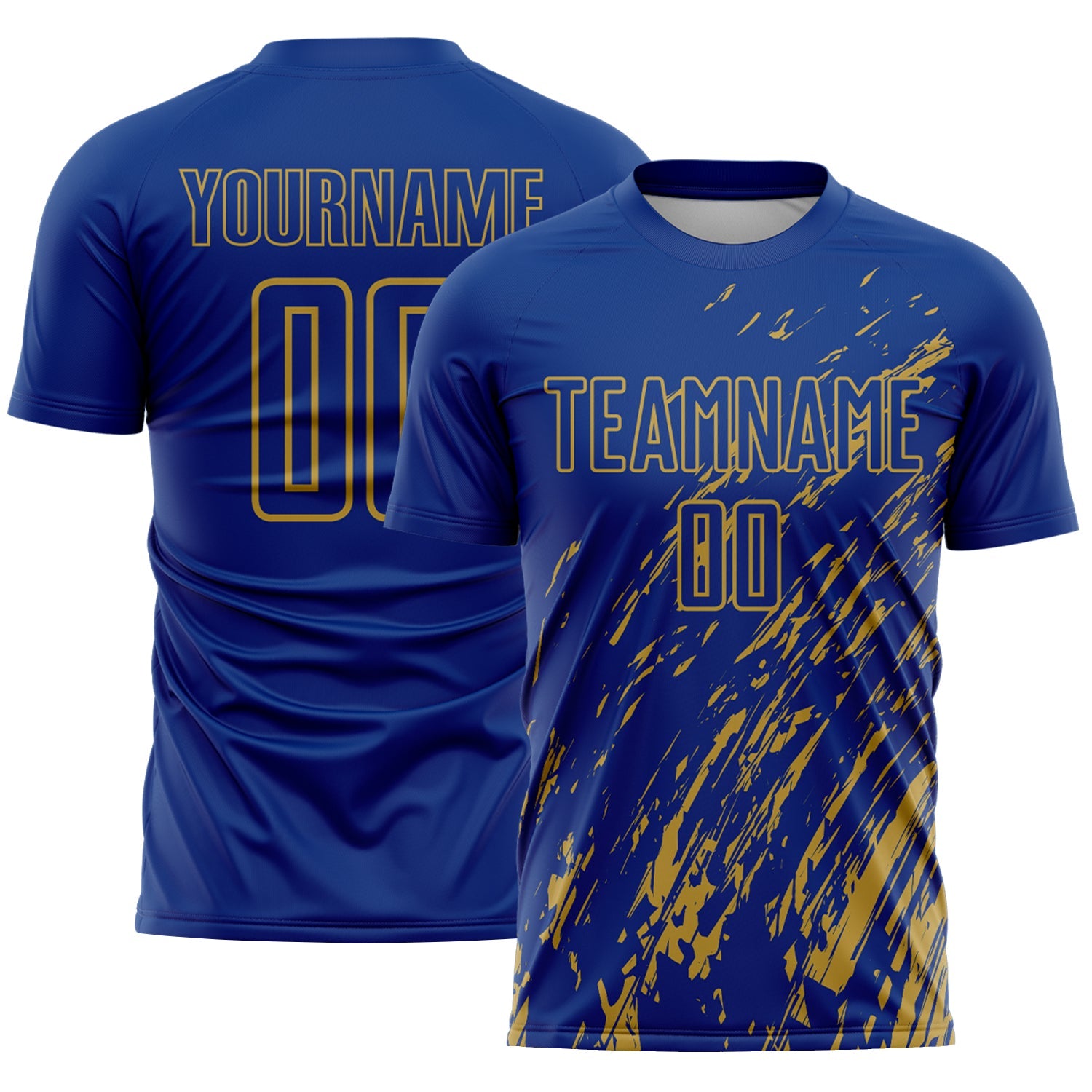 Custom Royal Old Gold Splash Sublimation Soccer Uniform Jersey - Main View