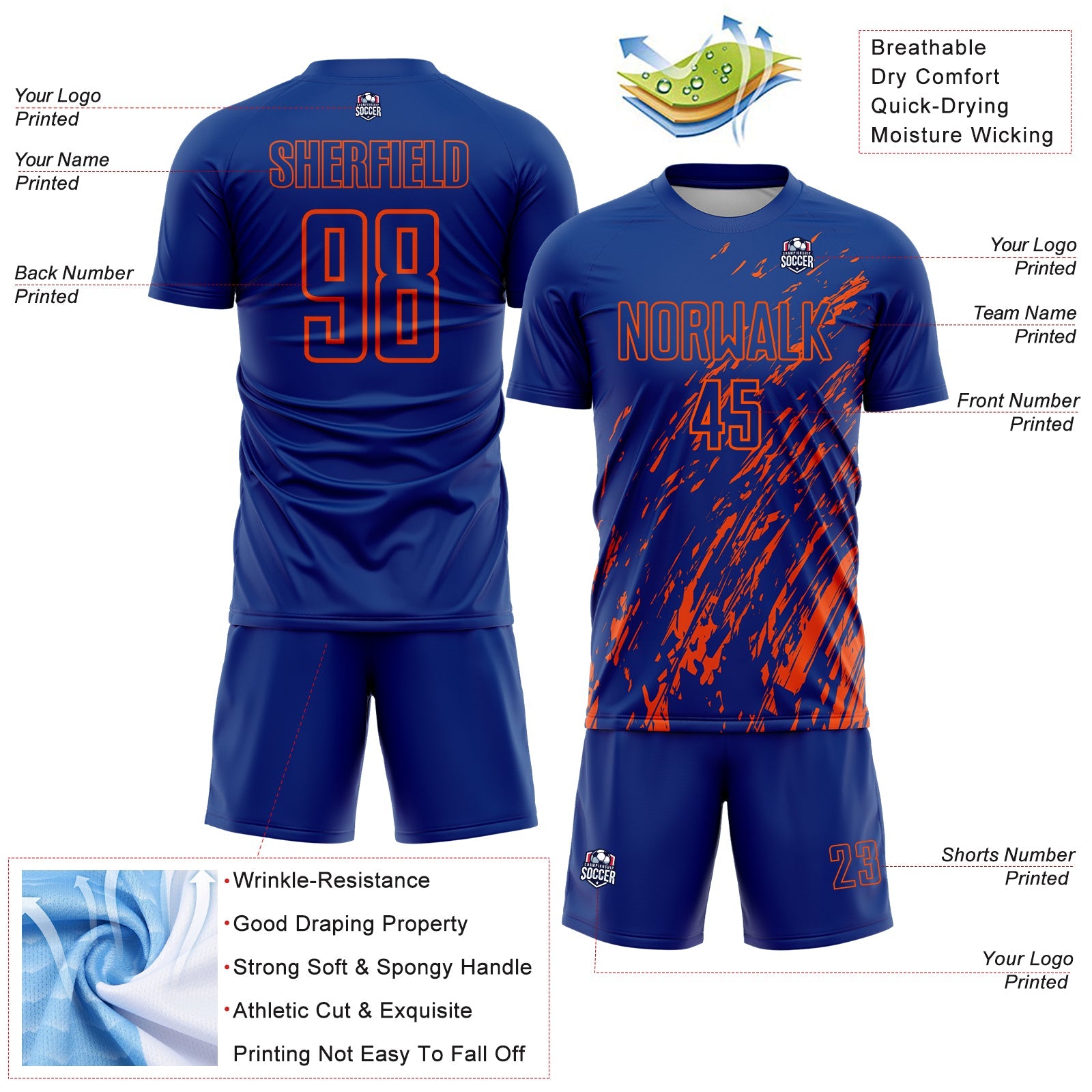 Custom Royal Orange Splash Sublimation Soccer Uniform Jersey view 4