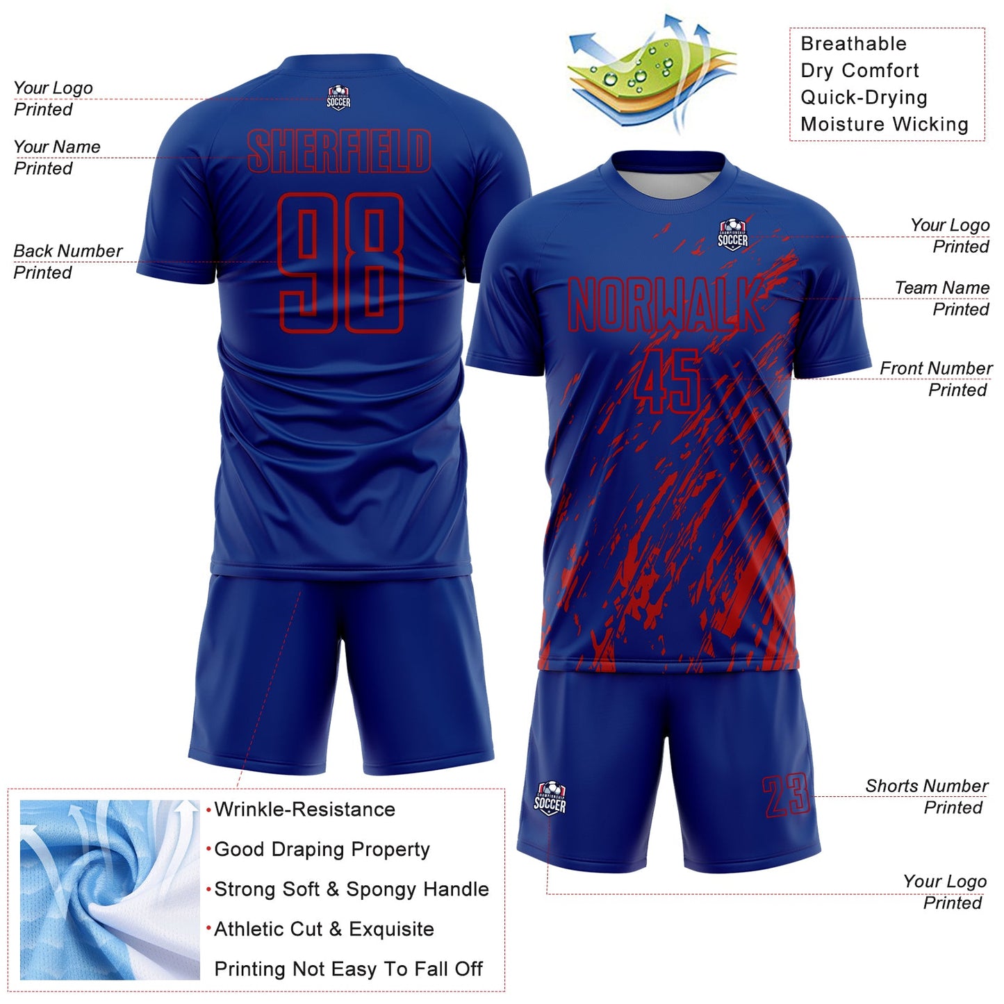 Custom Royal Red Splash Sublimation Soccer Uniform Jersey view 4