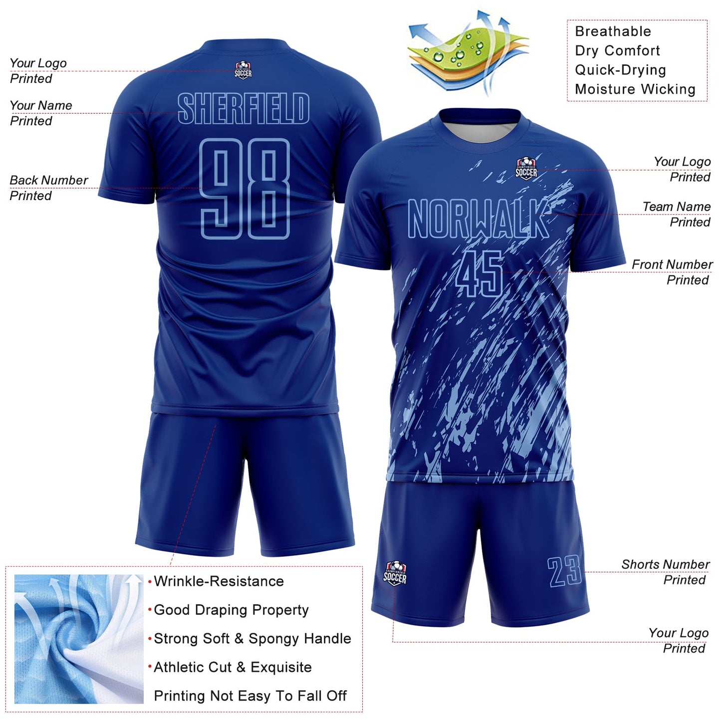 Custom Royal Light Blue Splash Sublimation Soccer Uniform Jersey view 4