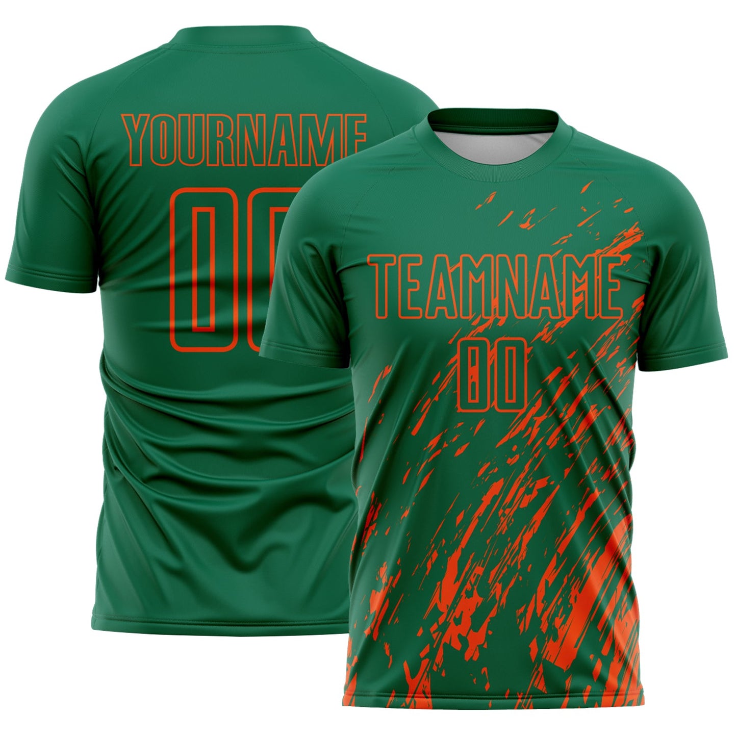 Custom Kelly Green Orange Splash Sublimation Soccer Uniform Jersey - Main View