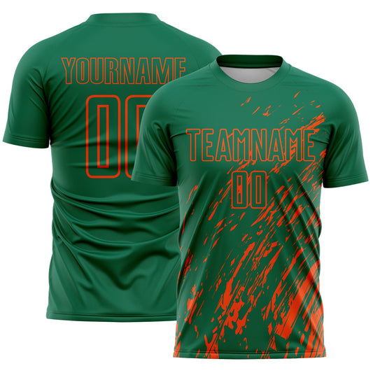 Custom Kelly Green Orange Splash Sublimation Soccer Uniform Jersey - Main View